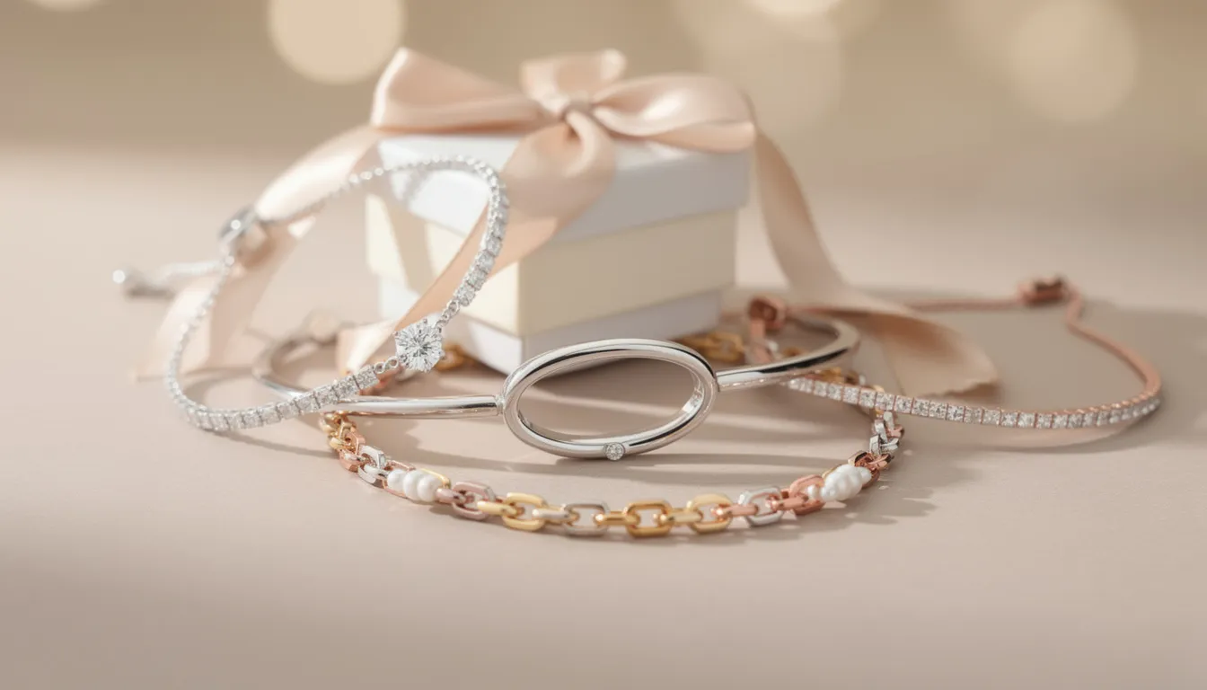 The image features a collection of elegant silver bracelets, showcasing various styles including adjustable designs and tennis bracelets adorned with clear cubic zirconia stones. These versatile pieces are suitable for both men and women, making them a perfect gift choice for any occasion.