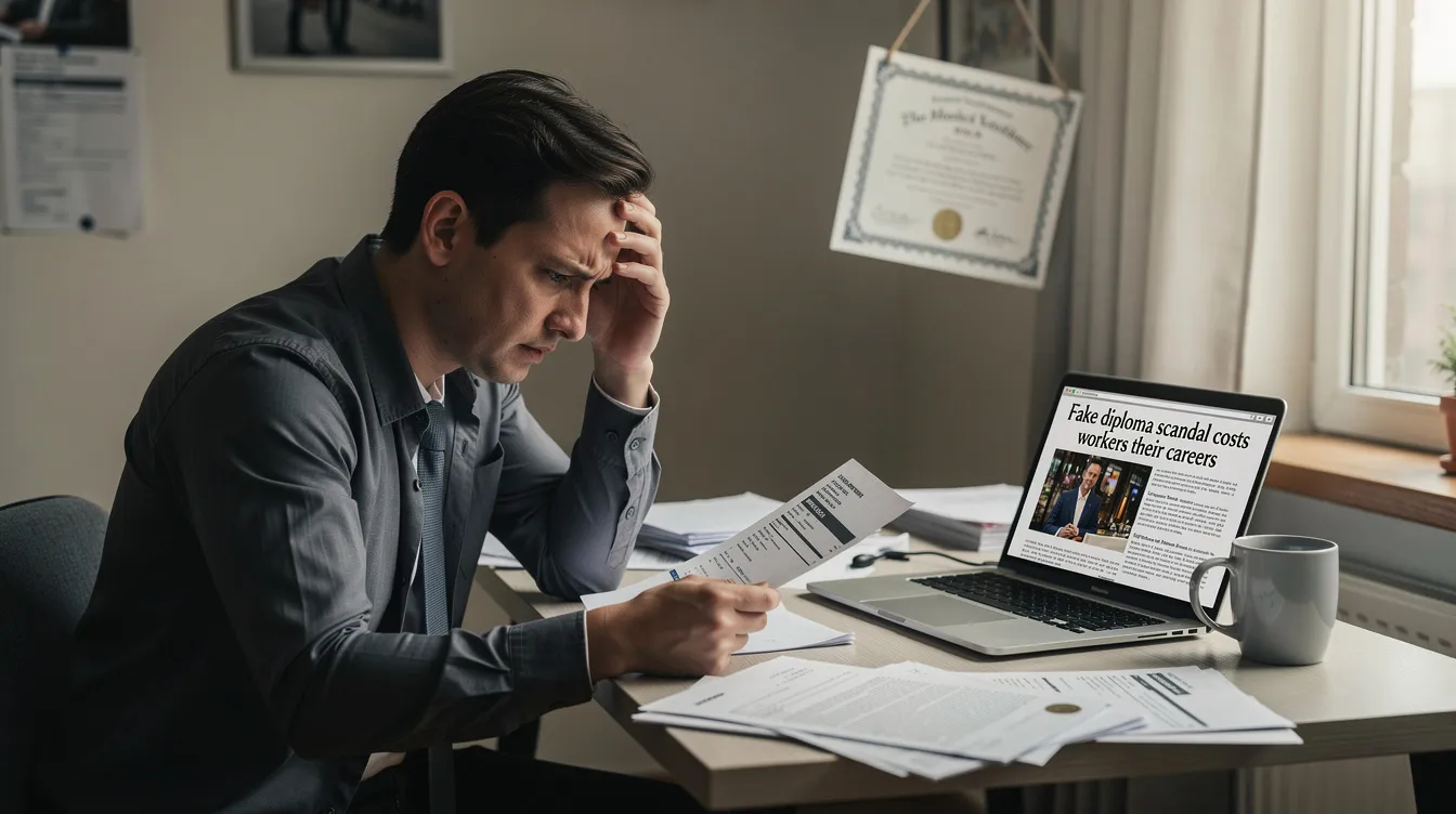 A concerned job seeker sits at a desk, reviewing their job application while reflecting on the serious consequences of using fake diplomas for employment. The scene highlights the potential legal risks and academic fraud associated with falsifying credentials, emphasizing the importance of verifying educational qualifications.