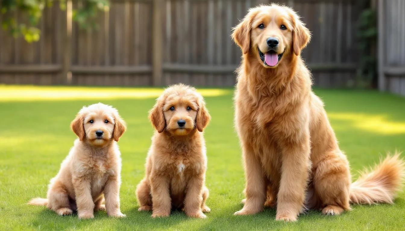 The image displays a size comparison of mini, medium, and standard Goldendoodles standing side by side, showcasing their varying heights and builds. This visual highlights the differences among these lovable dogs, which are a hybrid of golden retrievers and poodles, and emphasizes the importance of proper care to ensure a healthy life for each size.