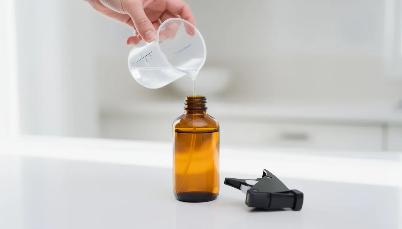A pair of hands is pouring a clear liquid from a small measuring cup into an amber glass spray bottle resting on a clean white counter, suggesting the preparation of a homemade sunburn spray. This essential oil blend may include soothing ingredients like aloe vera and lavender essential oil for skin relief.