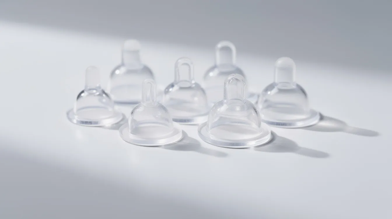 The image features several small transparent medical suction cups arranged neatly on a clean white surface, which are often used for nipple stimulation in cases of inverted nipples or to assist breastfeeding mothers by gently pulling the nipple to promote protrusion. These suction devices can help improve nipple sensitivity and facilitate a better latch for babies.