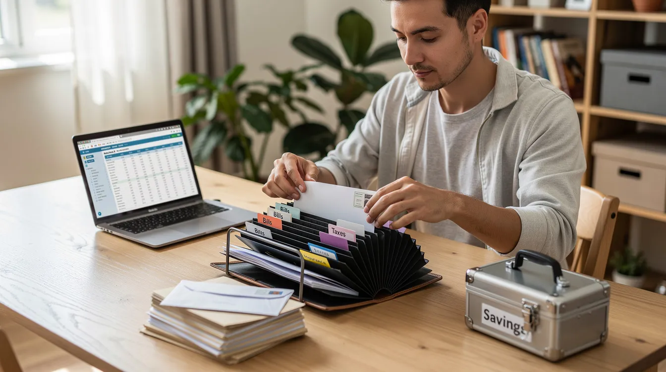 A person is organizing important financial documents, including a loan approval letter and bank statements, in a folder at home. The scene emphasizes the importance of keeping paperwork secure for managing business loans and other financial matters.
