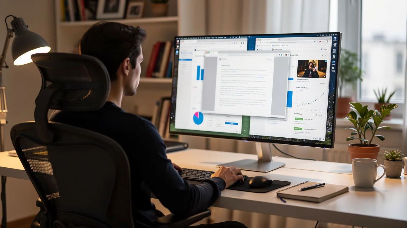 A person is seated at a desk in a home office, intently reviewing multiple browser tabs on a widescreen monitor, likely searching for job opportunities and researching companies as part of their job hunt. The scene conveys a focused atmosphere, highlighting the use of technology and organization in preparing for job applications and interviews.