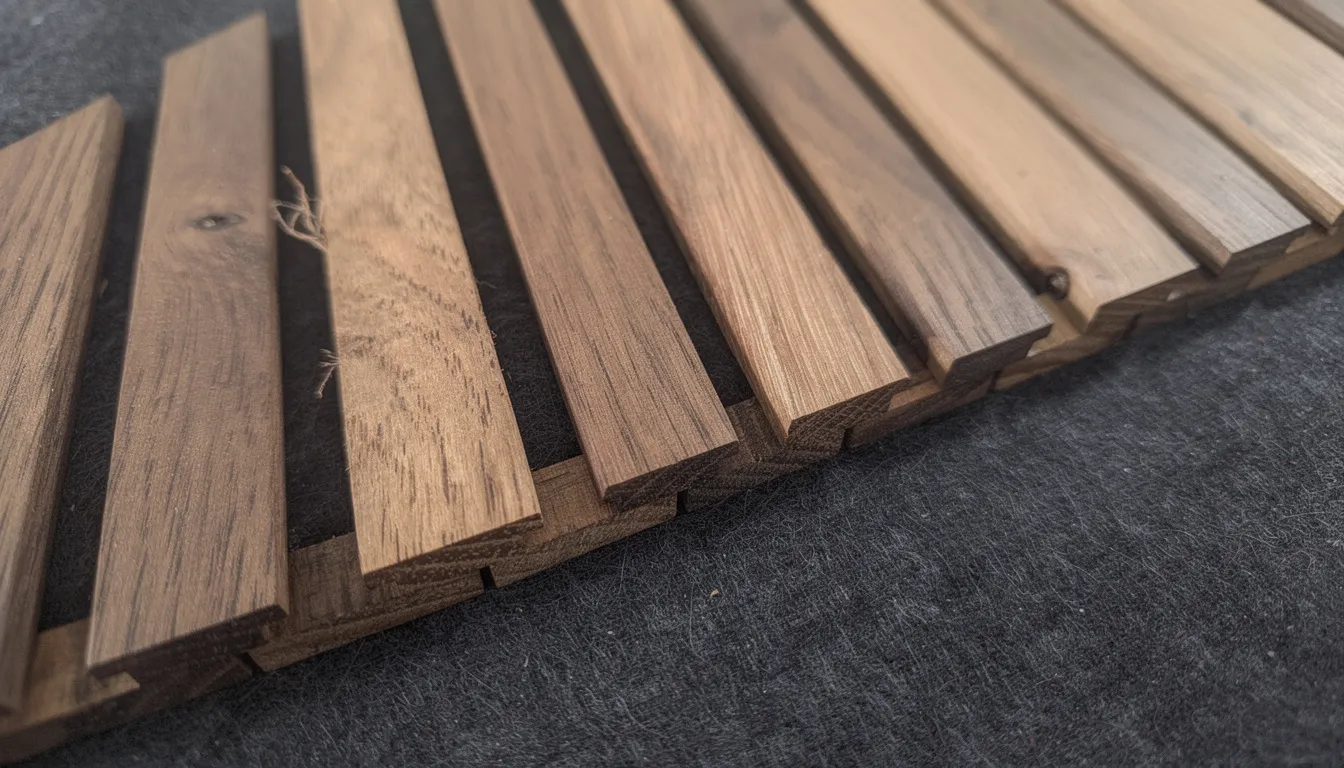 Close-up van houten eiken latten die op een donker vilt zijn geplaatst, met een duidelijke zichtbare textuur die de natuurlijke uitstraling van de materialen benadrukt. Deze hoogwaardige wandpanelen kunnen een warme en rustige sfeer creëren in elke ruimte.