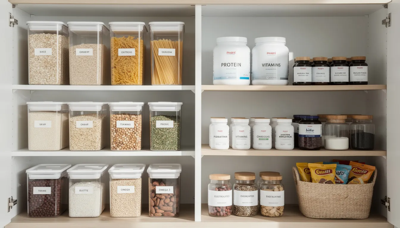 The image depicts an organized kitchen pantry with neatly arranged shelves holding various containers, including tubs of creatine monohydrate powder and other dietary supplements. The setup suggests proper storage for maintaining the shelf life of these fitness products, ensuring they remain effective for muscle growth and exercise performance.