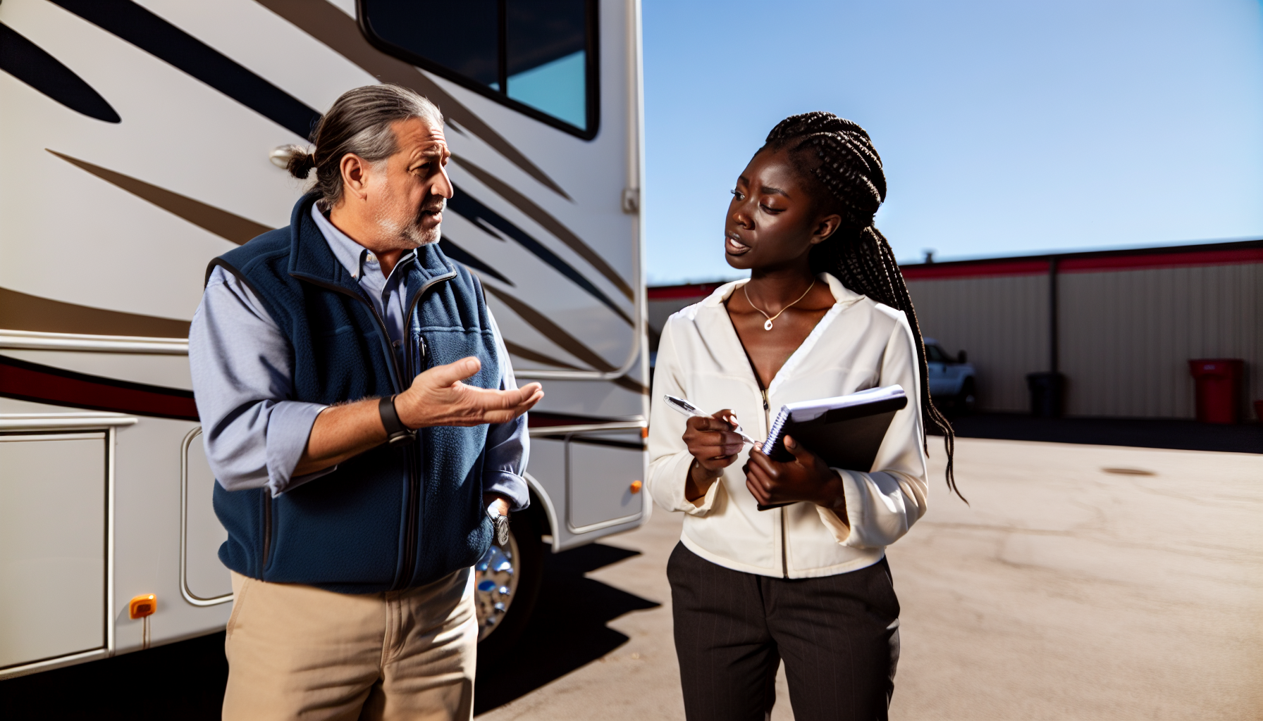 RV owner discussing warranty experiences with a service representative