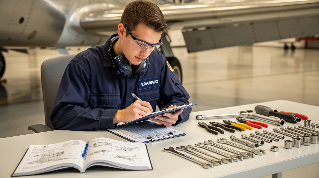 A student is seated at a workbench, reviewing aircraft maintenance notes while surrounded by various hand tools, preparing for their FAA certification exam in aviation maintenance. The scene reflects a focused study environment, emphasizing the importance of practical knowledge and hands-on experience in the airframe and powerplant course.