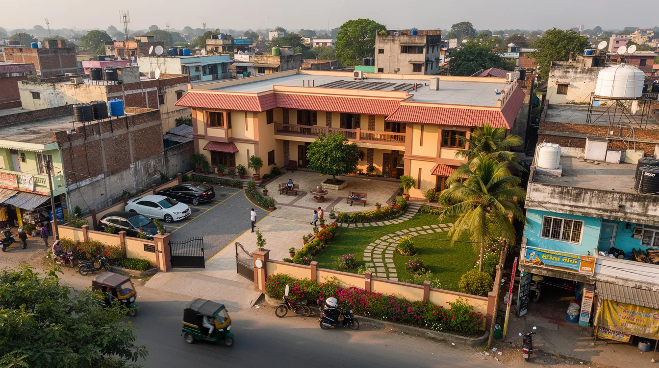 An aerial view of a small hotel property showcases a courtyard, parking area, and a beautifully landscaped garden in an Indian town. This boutique hotel project reflects the hospitality sector's emphasis on guest satisfaction and aesthetic appeal, essential components in determining overall project costs.