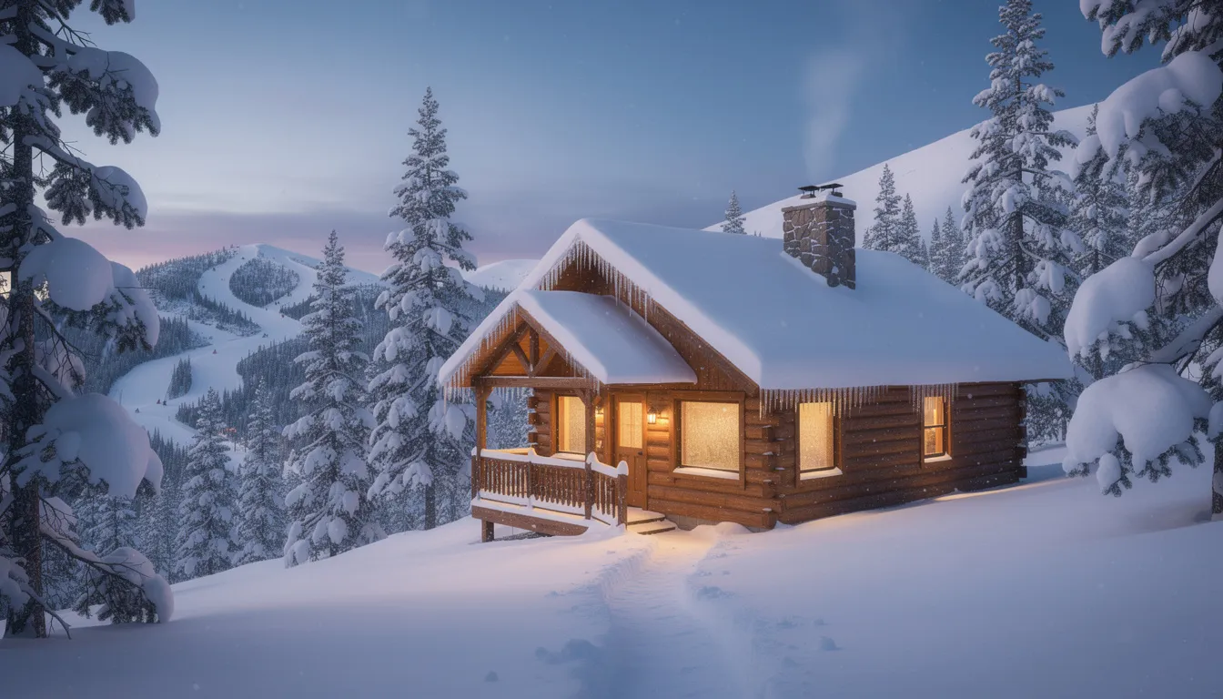 A cozy mountain cabin at Brian Head features a snow-covered roof, with warm interior lights glowing in the evening, creating an inviting atmosphere perfect for a ski vacation. The scene captures the charm of Utah ski resorts, making it an ideal retreat for winter activities and family fun.
