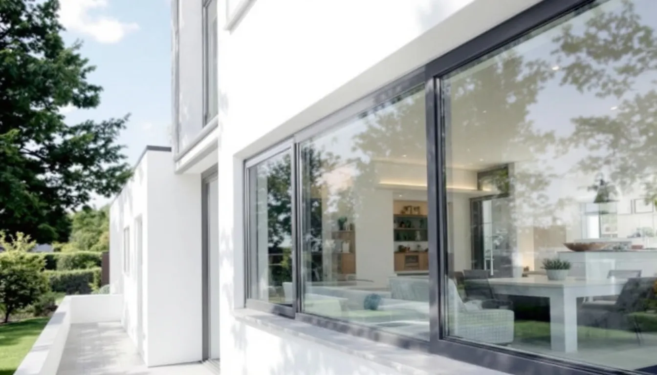 Een woning met moderne glazen ramen van triple glas wordt geïnstalleerd, wat bijdraagt aan de isolatiewaarde en energiebesparing. Deze ramen zijn onderdeel van verduurzamingsmaatregelen waarvoor subsidie kan worden aangevraagd, zoals de ISDE subsidie voor isolerend glas.