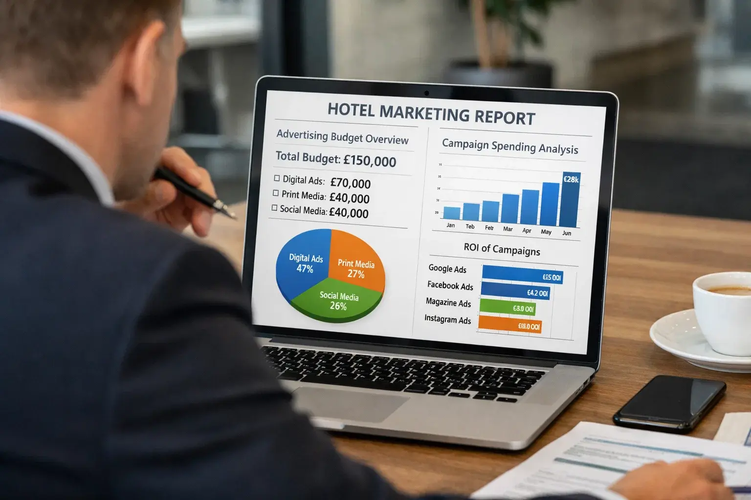 Hotel marketing budget report showing PPC advertising spend and booking revenue.