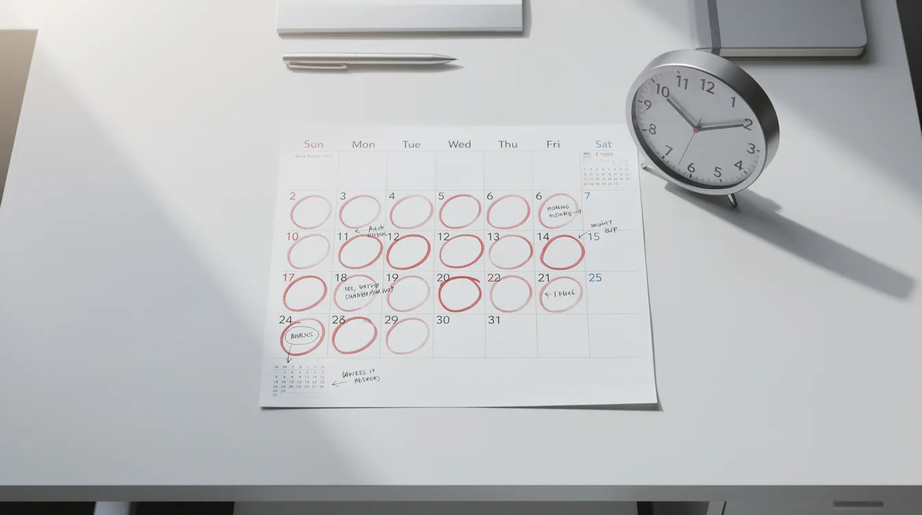 The image features a neatly organized desk with a calendar displaying marked dates, indicating important appointments, alongside a small clock that emphasizes time management. This setup could be associated with scheduling botox treatments or follow-up appointments for skin health and wrinkle reduction.