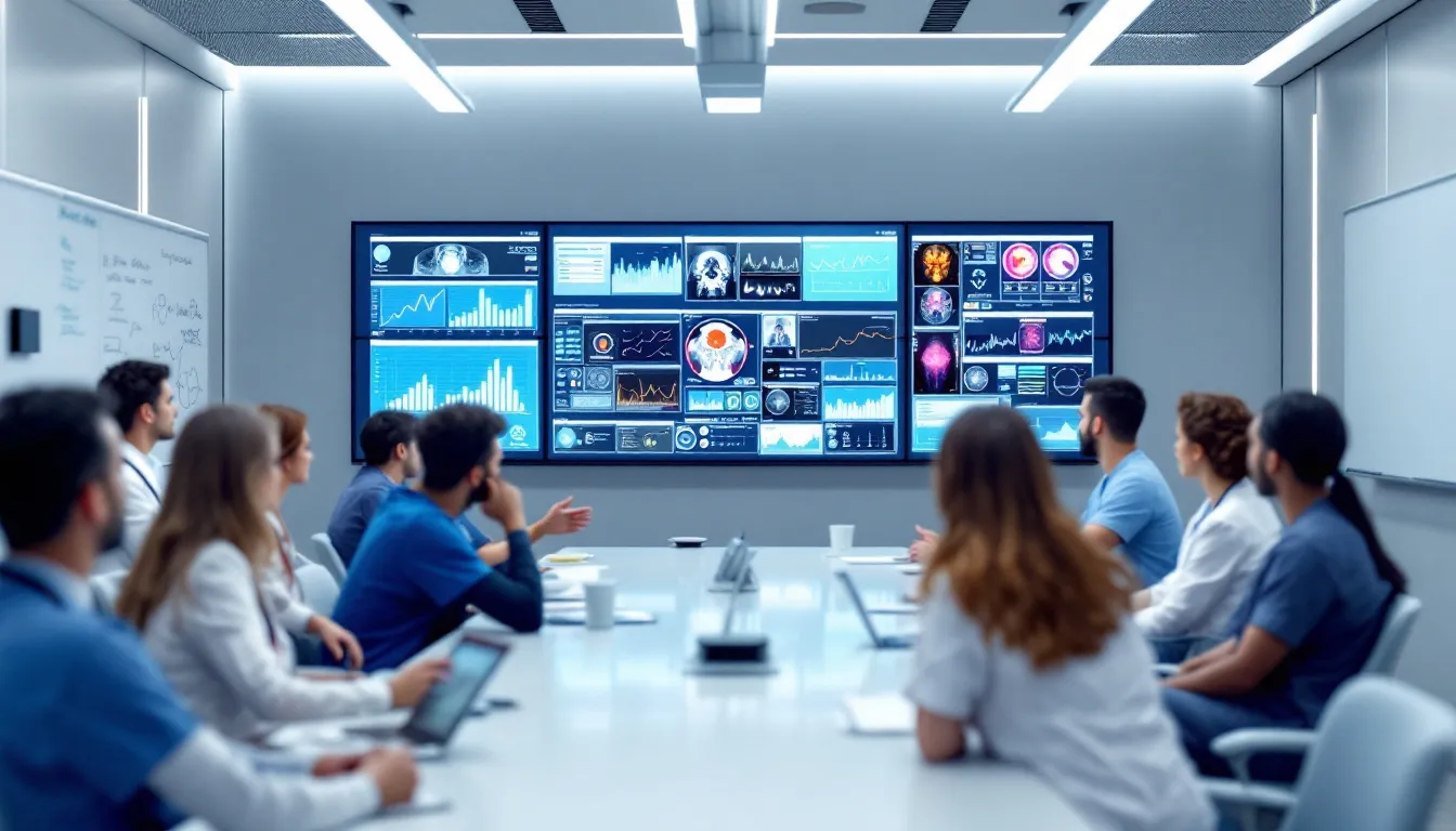A group of medical professionals is gathered in a meeting room, discussing patient care while large screens display health data and analytics, highlighting the use of machine learning algorithms and predictive analytics to optimize processes and improve decision making in healthcare. The atmosphere is collaborative, emphasizing the integration of artificial intelligence systems in managing vast amounts of unstructured data for better patient outcomes.