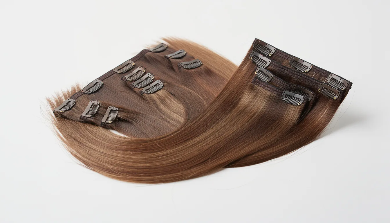The image showcases a variety of clip in hair extensions, highlighting different colors and textures that blend seamlessly with natural hair. These temporary hair extensions provide instant length and volume, making them a popular choice for those seeking a natural finish without the commitment of permanent hair extensions.
