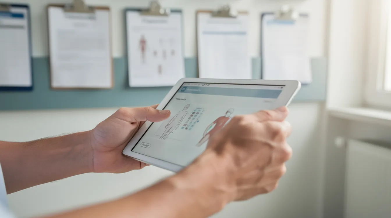 In der Pflegeeinrichtung tippen Hände auf einem Tablet, während im Hintergrund medizinische Unterlagen sichtbar sind. Diese Szene verdeutlicht die Nutzung von pflegesoftware zur Organisation von Abrechnungen und Informationen im Gesundheitswesen.