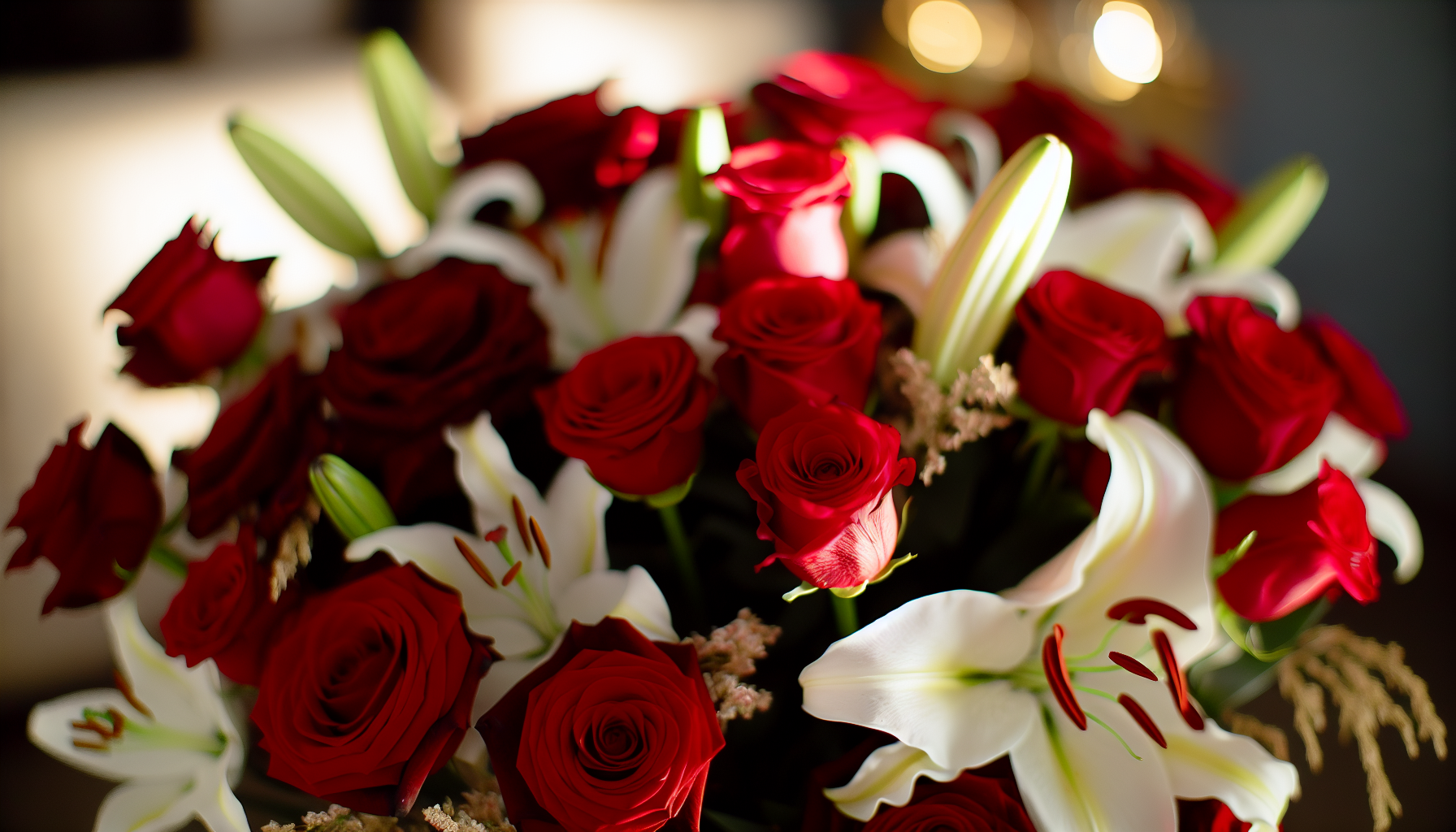 Beautiful bouquet of red roses and lilies