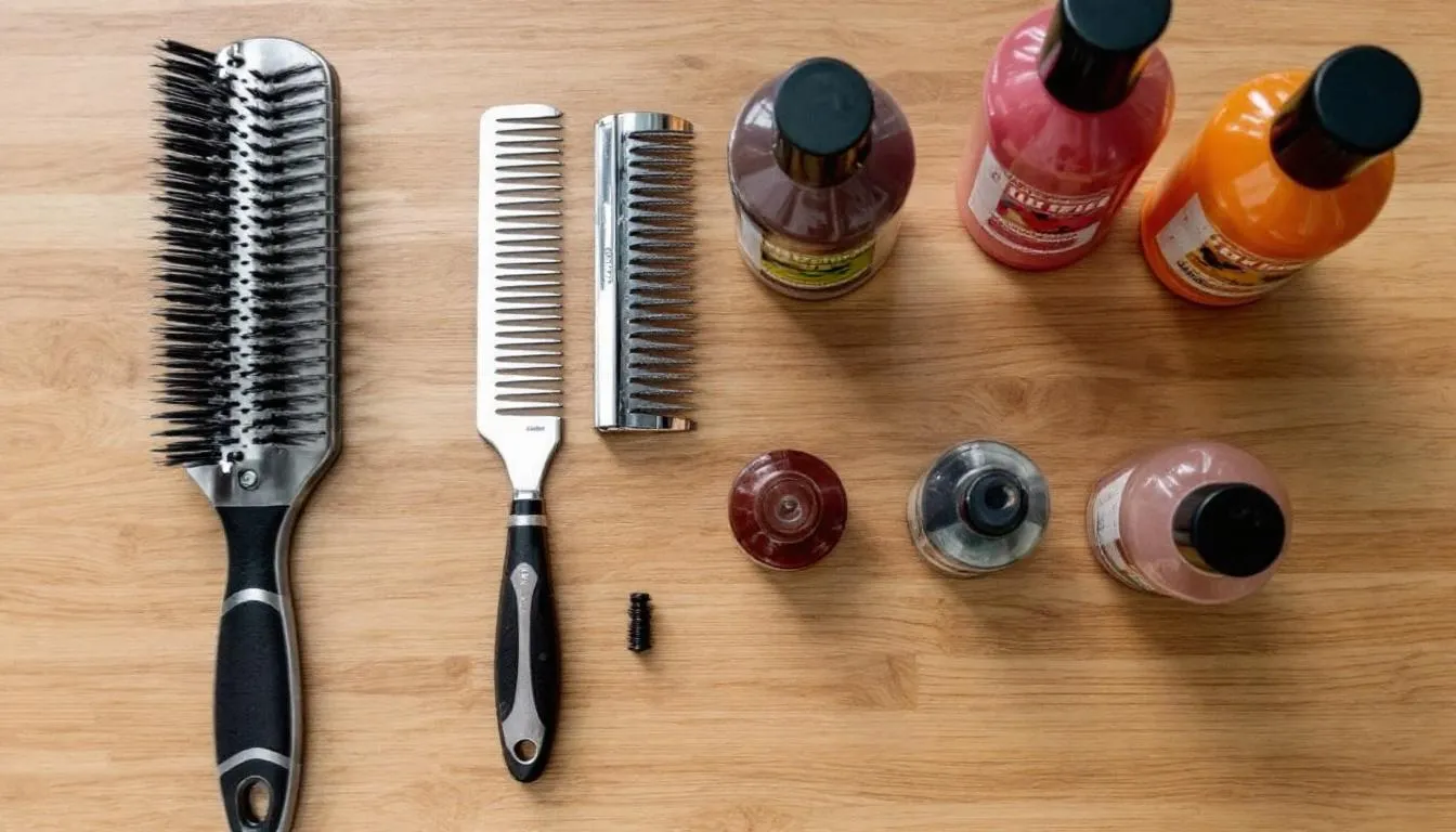The image shows a neatly arranged selection of grooming tools on a table, including a slicker brush, a metal comb, and bottles of dog-safe shampoo, essential for maintaining the coat of a mini goldendoodle or other breeds. These tools are vital for regular grooming and coat maintenance, ensuring pets like black mini goldendoodles remain healthy and looking their best.