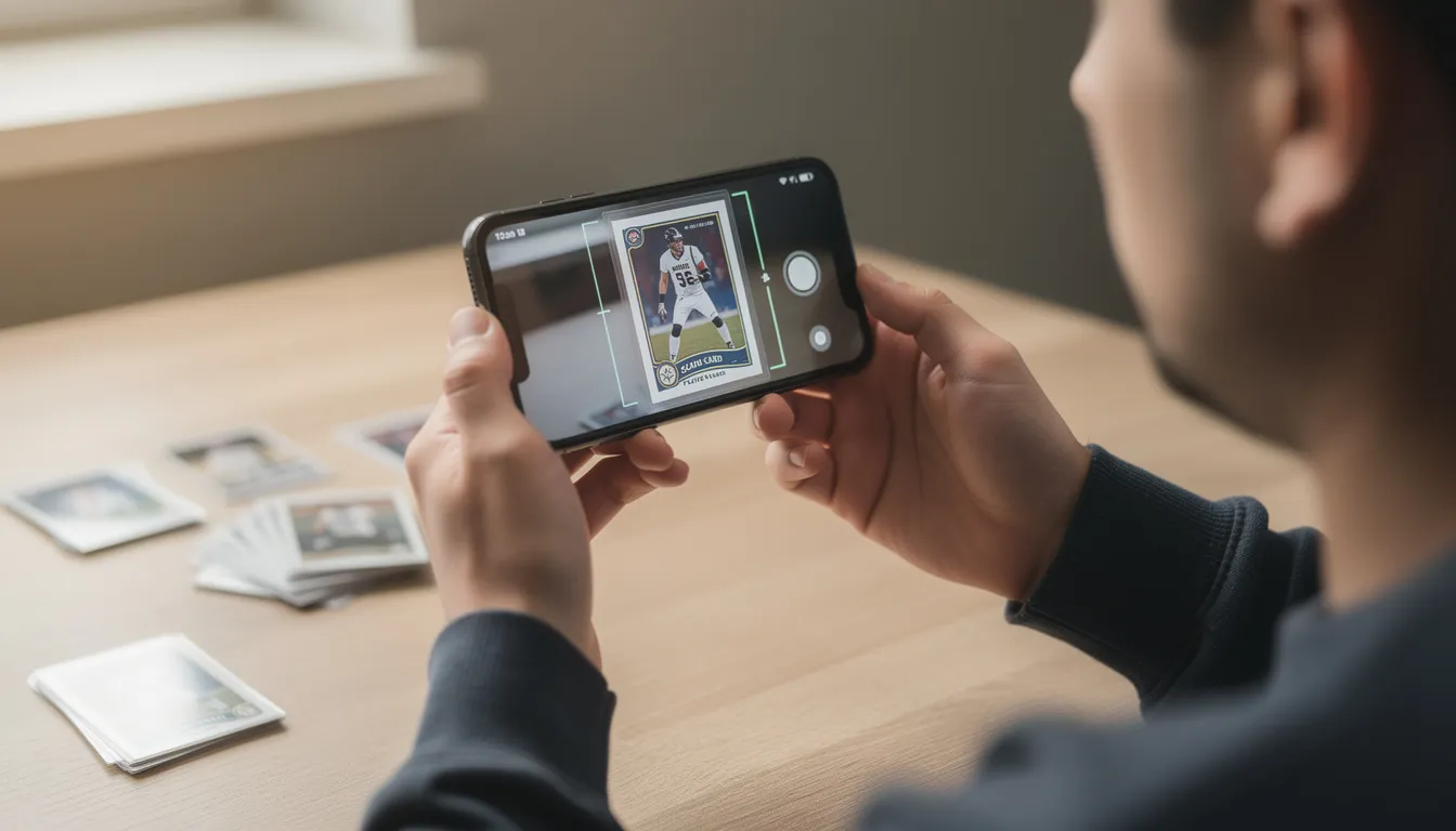 A person is using a smartphone app to scan and instantly recognize a sports card from their collection, allowing them to access a price guide and track the value of specific cards. This tool helps collectors easily organize and manage their trading cards, making it convenient to trade or sell them in the marketplace.