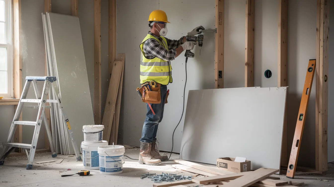 A construction worker is actively renovating the interior walls of a house, surrounded by various tools and building materials, highlighting the ongoing real estate investment project. This scene reflects the importance of flexible financing options, such as hard money loans, for real estate investors looking to enhance distressed properties.