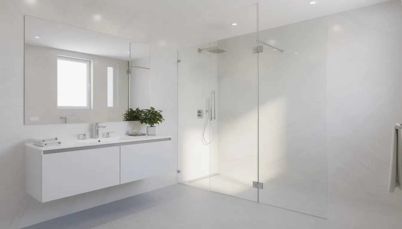 Een moderne badkamer met lichte marmerlook PVC wandpanelen en een strakke inrichting, die een eigentijdse sfeer uitstraalt. De combinatie van wit hoogglans en grijs marmerlook geeft de ruimte een stijlvolle afwerking en een rustige uitstraling.