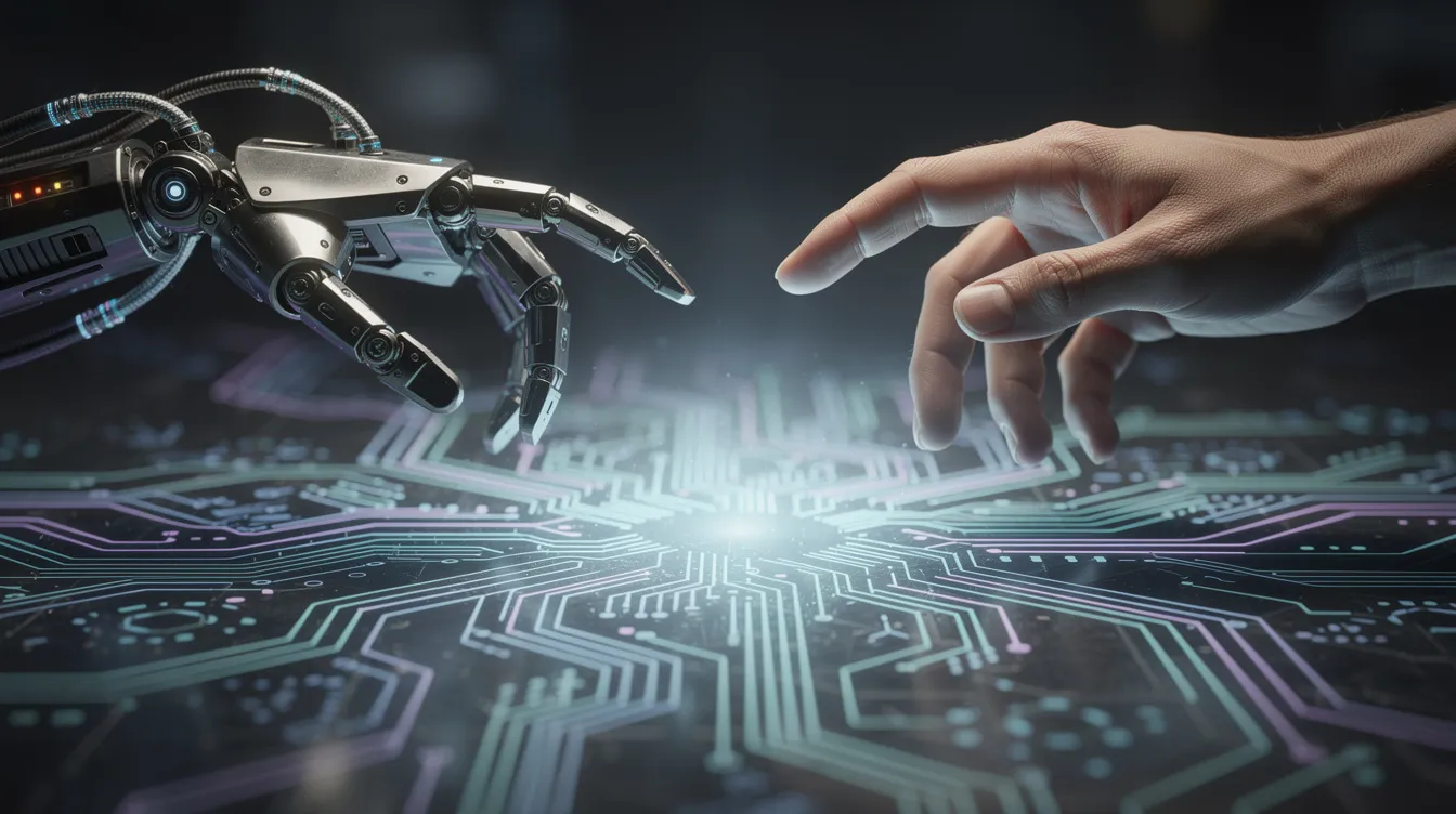 The image depicts a robotic hand and a human hand reaching toward each other above a glowing abstract circuit board pattern, symbolizing the integration and collaboration between technology and human capabilities in business process modeling and automation. This visual representation emphasizes the importance of optimizing workflows and enhancing operational efficiency through innovative systems and data flows.