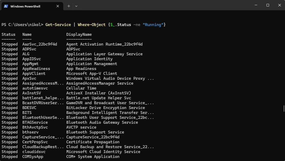 A PowerShell Command Prompt showing the statement "Get-Service | Where-Object {$_.Status -ne "Running"}".