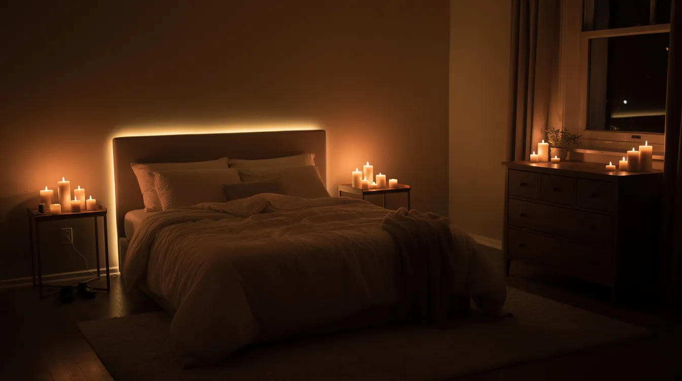 The image depicts a dimly lit bedroom adorned with flickering candles and soft ambient lighting, creating an intimate atmosphere perfect for exploring sexual fantasies and role play scenarios with a partner. The warm glow invites feelings of comfort and excitement, enhancing the mood for a fun and memorable experience.