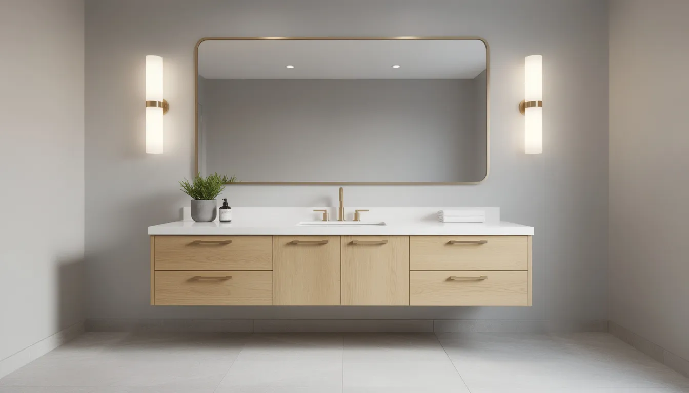 Bathroom Remodeling Ideas: 75+ Ways to Upgrade Your Space in 2026 1 This image features a modern bathroom vanity with sleek gold fixtures and a large framed mirror, complemented by stylish wall sconces that enhance the natural light in the space. The design showcases a functional layout, perfect for small bathroom remodeling ideas, while providing ample storage and a touch of elegance.