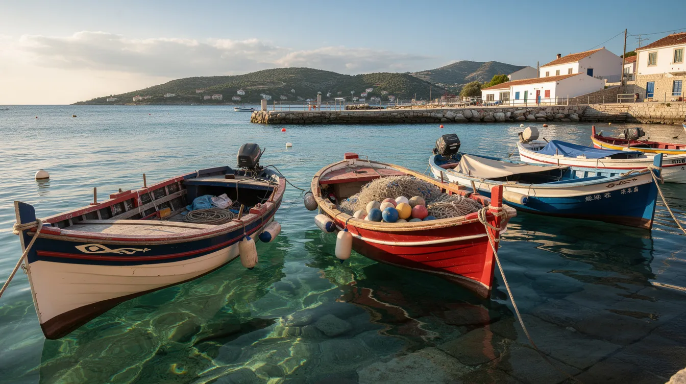 A imagem mostra barcos de pesca tradicionais flutuando em águas cristalinas de um porto, com um céu azul ao fundo. Essa cena evoca a tranquilidade de um destino de férias no Brasil, ideal para viajantes que buscam uma estadia relaxante e belas paisagens.