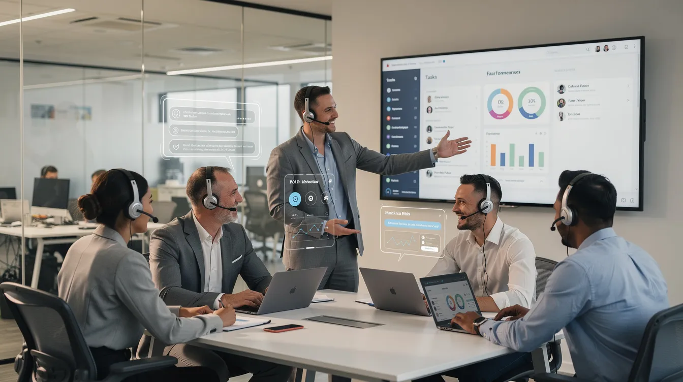 The image depicts a diverse group of people collaborating in an office environment, each using laptops alongside various digital assistants, showcasing the integration of agentic AI systems. These individuals are engaged in complex tasks, utilizing multiple AI agents to enhance their productivity and achieve broader business objectives with minimal human intervention.