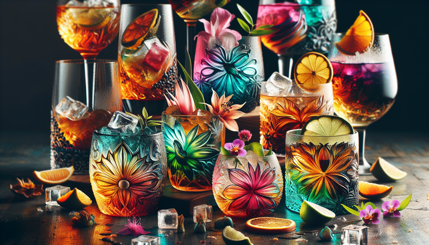 Mezcal and Amaro blends in artistic glasses.