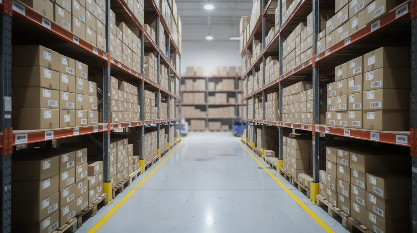 The image depicts organized warehouse shelves filled with neatly stacked ecommerce inventory boxes, all prepared for shipment. This setup is essential for sellers managing their Amazon seller accounts, particularly those utilizing the fulfillment by Amazon (FBA) business model, ensuring timely order processing and efficient supply chain management.