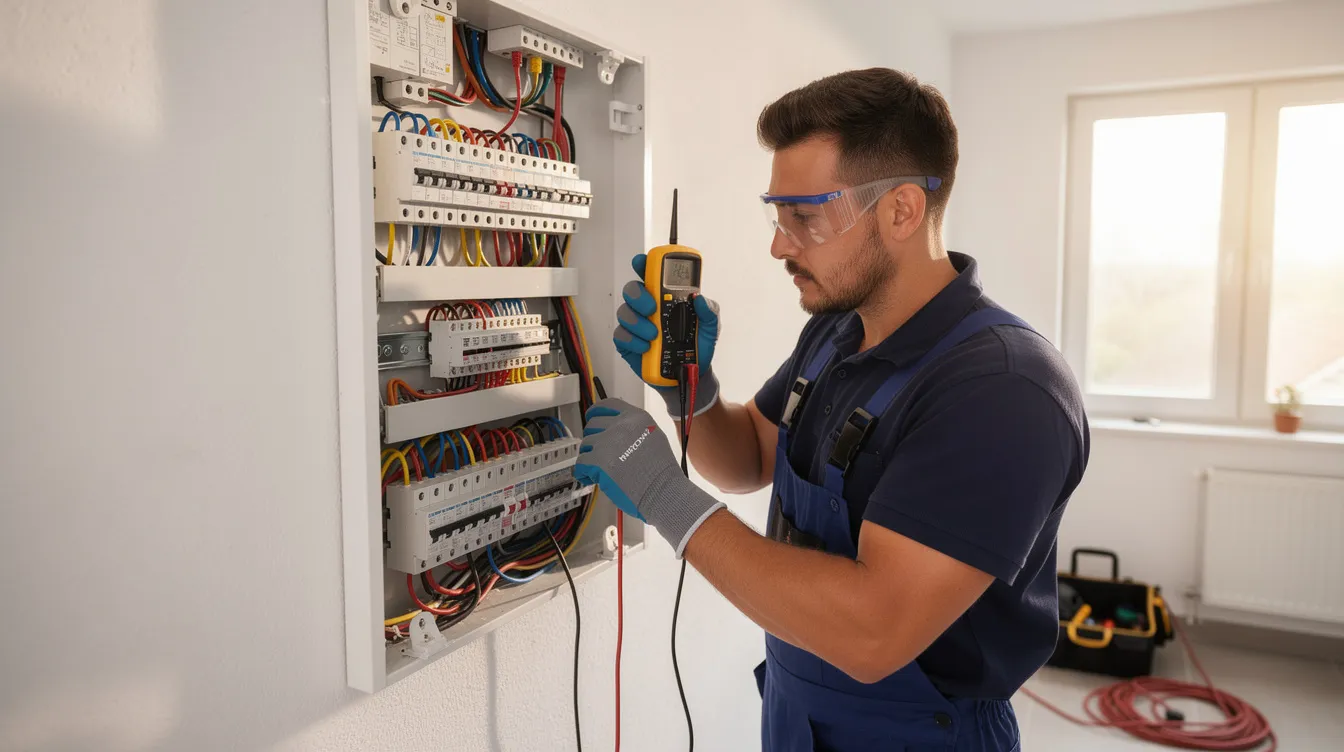 An electrician in Cypress, TX, is seen performing electrical repairs, focusing on fixing wiring and installing new outlets in a residential home. The technician is equipped with tools and is dedicated to ensuring safety and efficiency in meeting the electrical needs of satisfied customers.