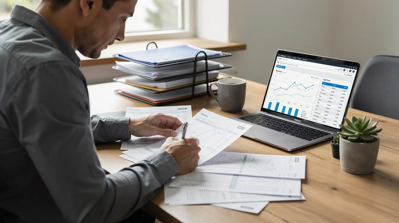 A small business owner is seated at a desk, intently reviewing documents while a laptop displays financial data related to their business operations. The scene conveys the importance of understanding terms and conditions for loans, such as "實際 年 利率" and "貸款 額," as they prepare to apply for financing options suitable for their 中小 企.