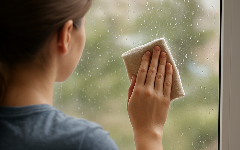 Girl Cleaning Window with Cotton Towel