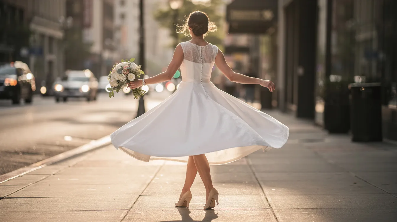 A bride is joyfully twirling on a sunlit city sidewalk in a tea-length white dress with a full skirt, showcasing a flattering silhouette. She holds a small bouquet, embodying timeless elegance and modern sophistication on her wedding day.