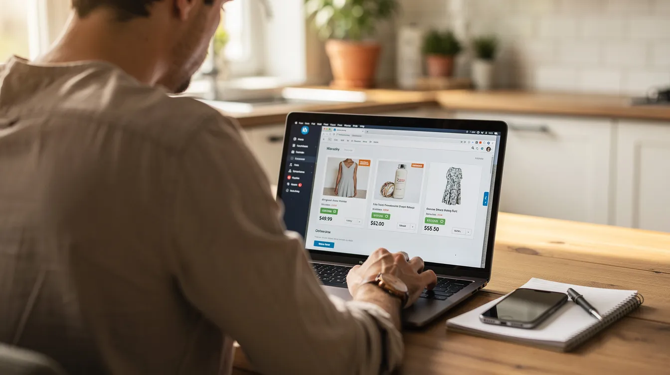A person is seated at a kitchen table, focused on their laptop as they compare prices for winter tires online. The scene suggests they are looking for the best deals on high-quality winter tires to prepare for the upcoming winter season, emphasizing the importance of smart savings and proper tire selection for icy roads.