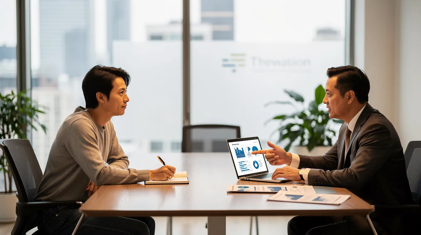 A business owner is sitting at a sleek conference table in a modern office, discussing financial strategies with a tax advisor. They are reviewing documents that include notes on reducing taxable income and exploring tax deduction options to lower their tax bill and maximize tax savings.
