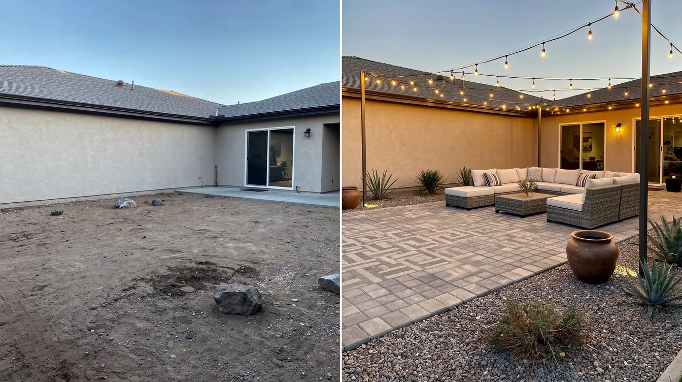 The image showcases a split-screen transformation of a backyard, with the left side displaying a bare dirt area and the right side revealing a beautifully finished paver patio adorned with string lights and desert plantings, highlighting the expertise of landscaping services. This visual appeal exemplifies modern landscape design, perfect for inspiring potential clients looking for residential and commercial landscaping solutions.