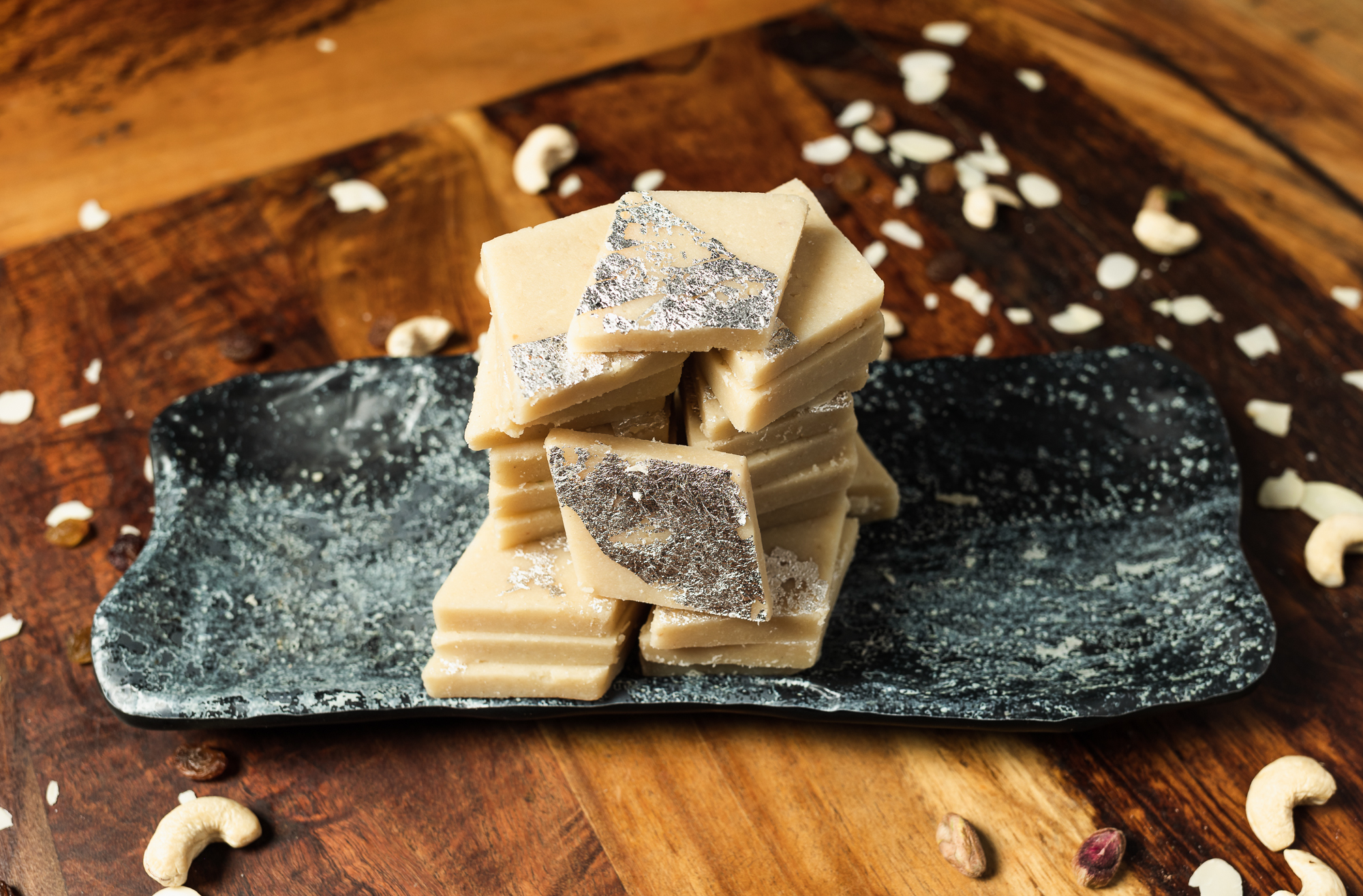 Plate of tempting Kaju Katli sweets