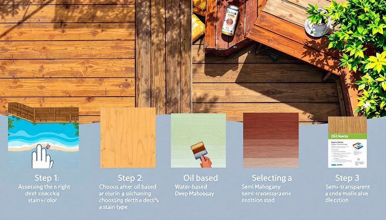 Choosing the right stain for a wood deck, comparing different colors and types.