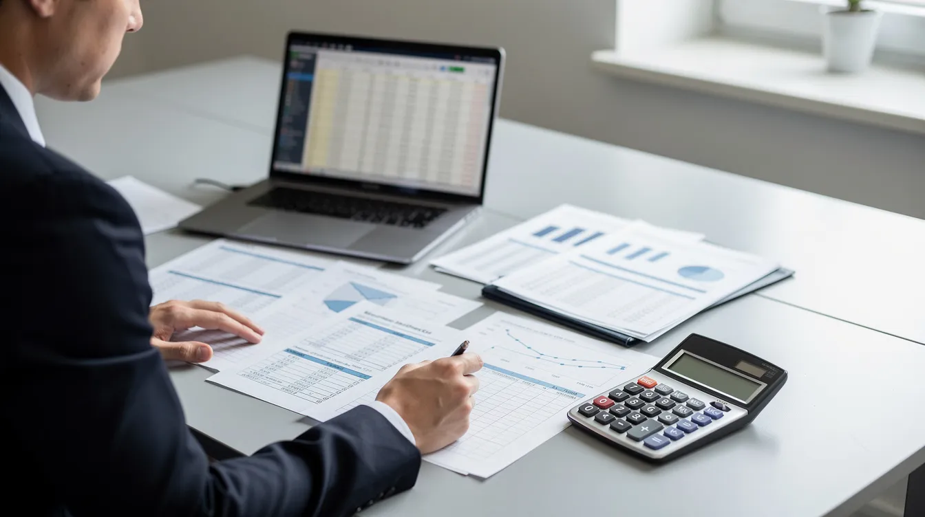 269f09e8 d544 40d0 8988 9fd998cae507 A professional sits at a desk surrounded by financial documents, a calculator, and a laptop, analyzing data related to fixed and variable costs, room revenue, and occupancy rates to achieve profitability in the hospitality industry. The scene reflects strategic decision-making in cost management and operational efficiency for hotel operators.