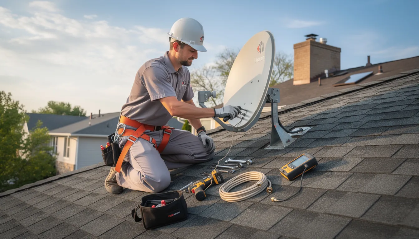 A professional technician is installing a satellite dish on a residential roof, equipped with various tools and equipment necessary for the DSTV installation. This scene highlights the expertise of qualified DSTV installers, ensuring optimal signal reception for home entertainment.