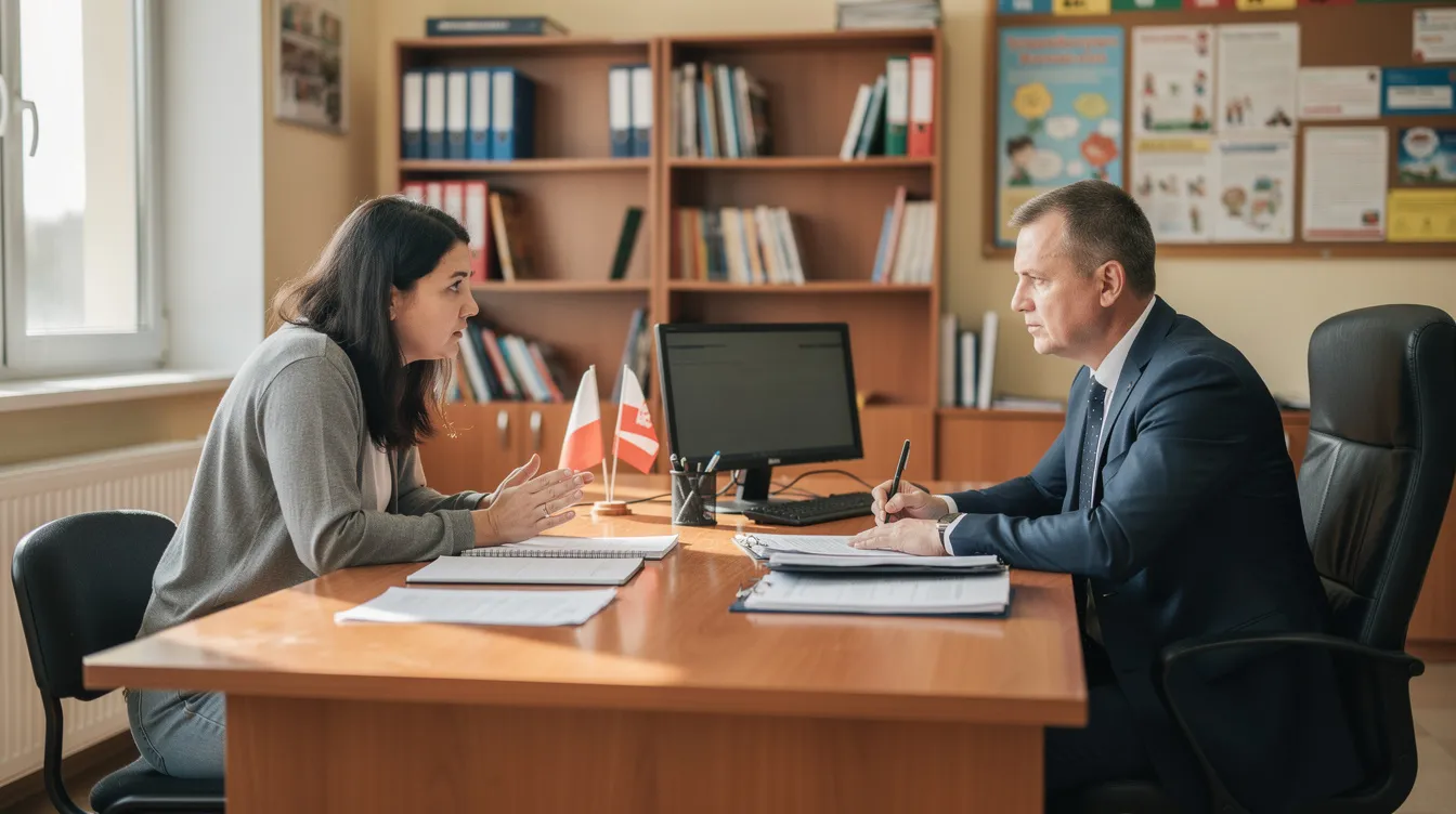 Rodzic rozmawia z dyrektorem szkoły przy biurku, omawiając warunki organizowania kształcenia uczniów z orzeczeniem o potrzebie kształcenia specjalnego. W rozmowie poruszane są również kwestie dotyczące integracji dzieci niepełnosprawnych oraz współpracy nauczycieli w celu dostosowania zajęć edukacyjnych do indywidualnych potrzeb uczniów.