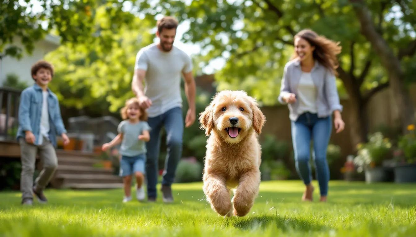 A joyful family is playing with their mini goldendoodle in a sunny backyard, showcasing the dog