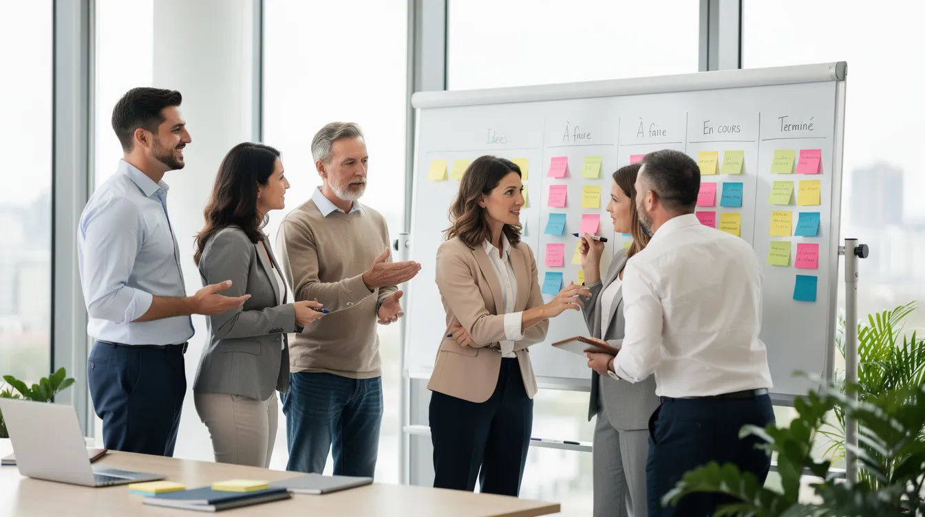 Une équipe de travail se tient debout autour d'un tableau blanc, collaborant activement avec des post-it colorés dans un bureau moderne et lumineux. Cette scène illustre l'engagement des membres de l'équipe à atteindre des objectifs communs et à renforcer la cohésion au sein de l'entreprise.