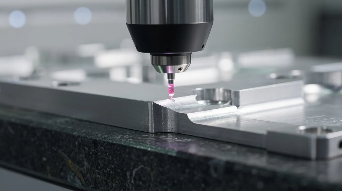 A close-up view shows a coordinate measuring machine probe delicately touching a precision machined aluminum part resting on a granite surface plate, highlighting the meticulous quality control and precision fabrication involved in the manufacturing process. This image emphasizes the commitment to consistent quality and tight tolerances essential in industries such as aerospace and medical devices.