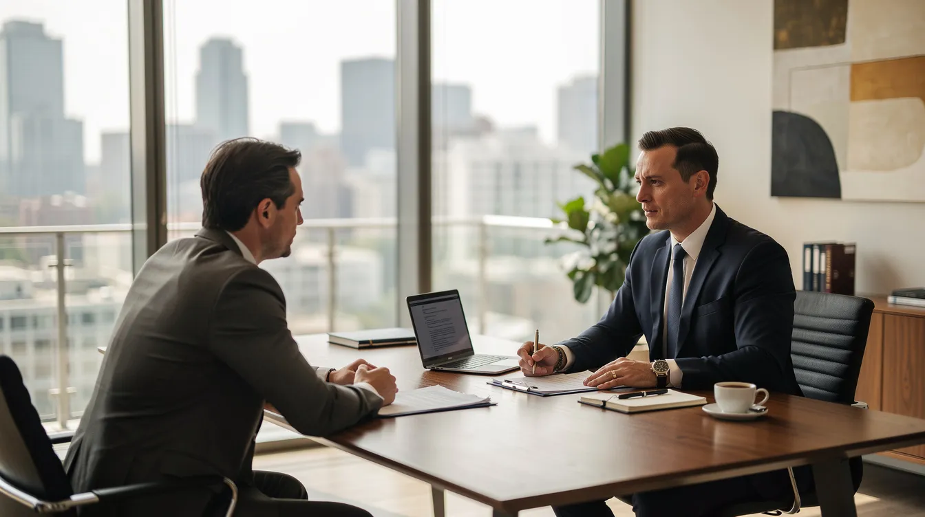 A professional family law attorney meets with a client in a modern office setting, discussing important family law matters such as child custody and divorce processes. The attorney provides guidance and support to navigate the legal system, ensuring the client's specific needs are addressed during this challenging time.