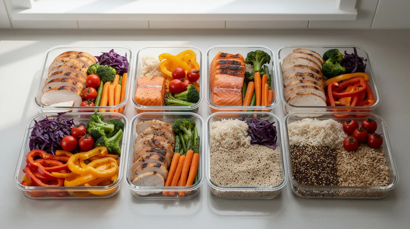 The image features meal prep containers filled with lean protein, vibrant colorful vegetables, and whole grains, all neatly arranged on a kitchen counter. This setup promotes a healthy diet and supports weight loss efforts, making it ideal for anyone on a weight loss journey.