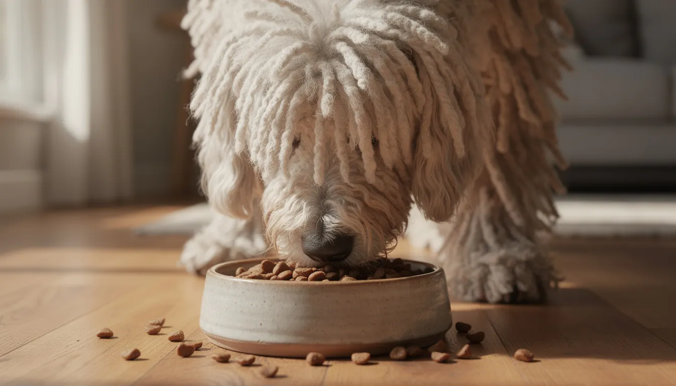 A Komondor dog with its unique corded coat is happily eating high-quality dog food kibble from a bowl in a securely fenced yard. This devoted companion, known for its guarding instincts, showcases the strong-willed personality typical of the Komondor breed.